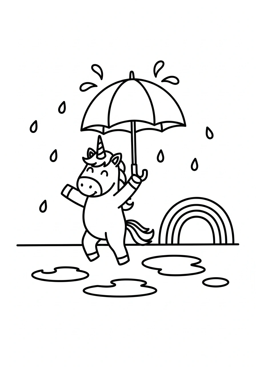 Unicorn met paraplu in de regen om te kleuren kleurplaat