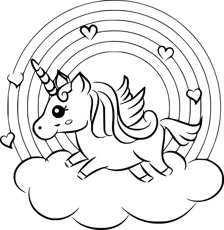 Unicorn kleurplaat van een unicorn op een wolk met regenboog en hartjes