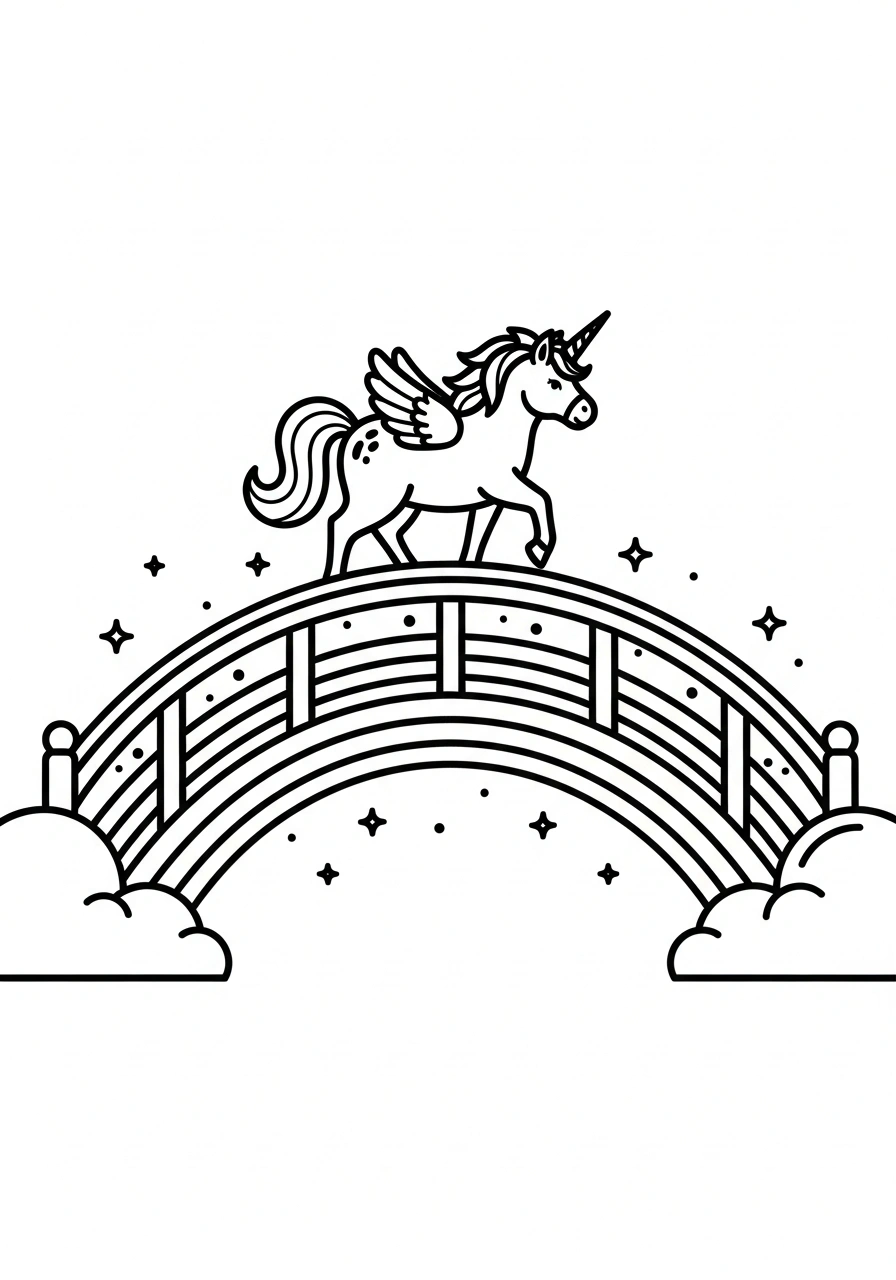 Unicorn die over een regenboogbrug loopt om te kleuren kleurplaat