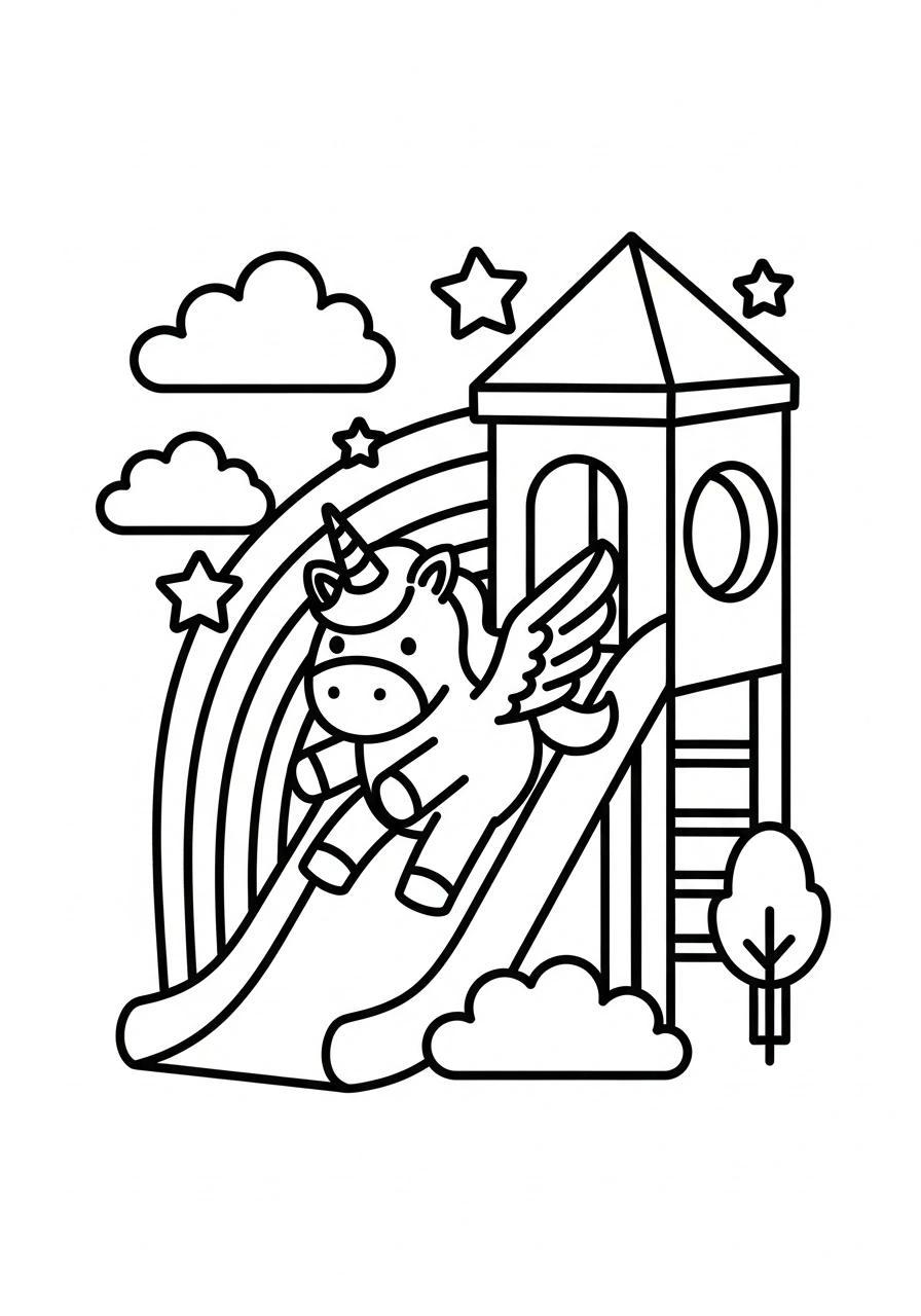 Unicorn die van een regenboogglijbaan glijdt om te kleuren kleurplaat