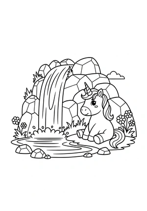 Unicorn met regenboogwaterval kleurplaat