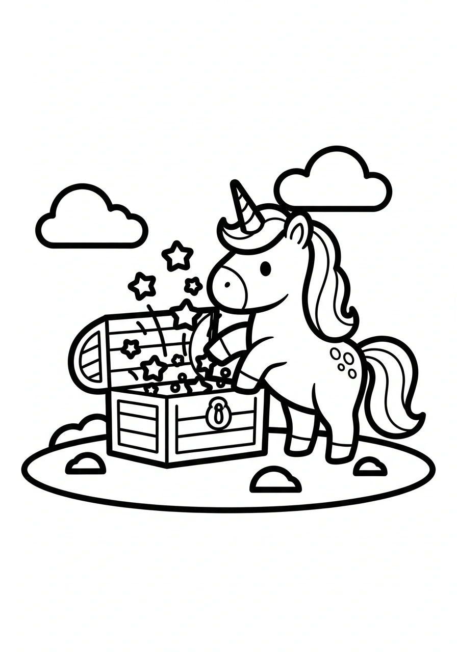 Unicorn met schatkist waar sterren uit komen om te kleuren kleurplaat