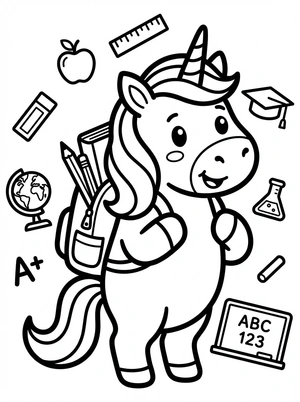 Unicorn met schooltas en potloden kleurplaat