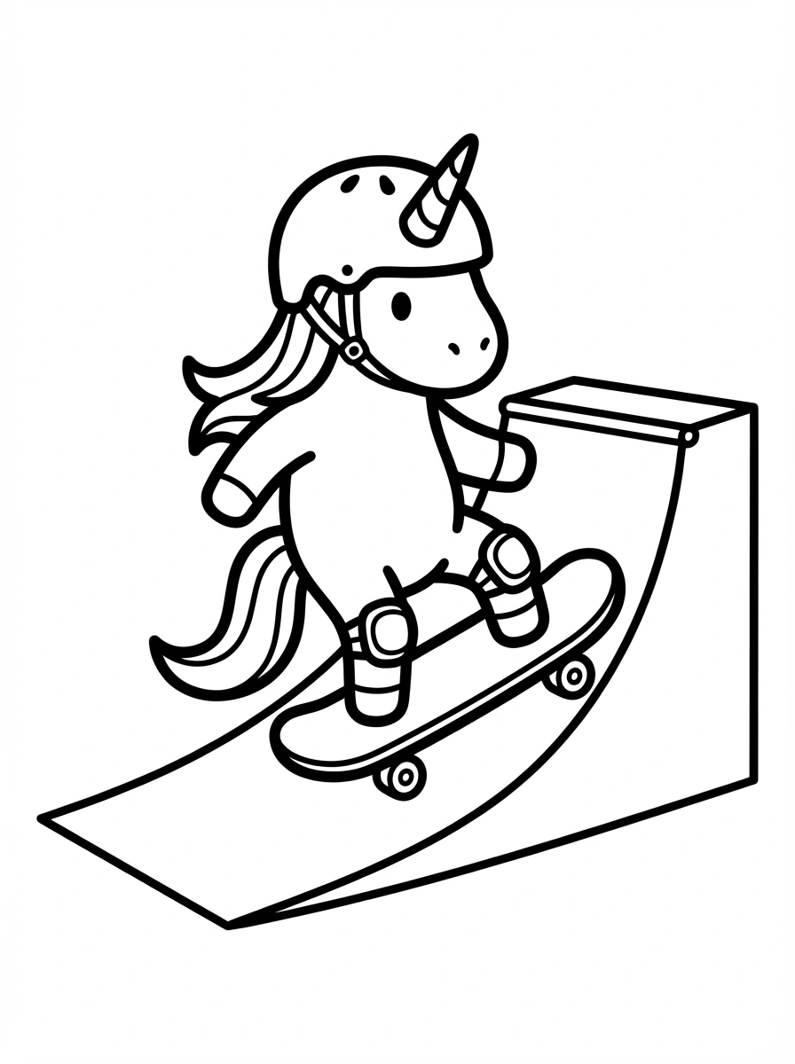 Unicorn op een skateboard met helm om te kleuren kleurplaat