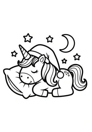 Unicorn met slaapmuts en kussen kleurplaat