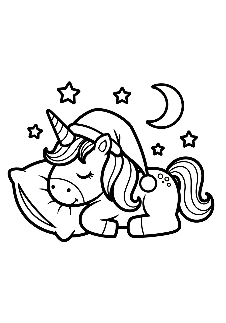 Slaperige unicorn met slaapmuts op een kussen om te kleuren kleurplaat