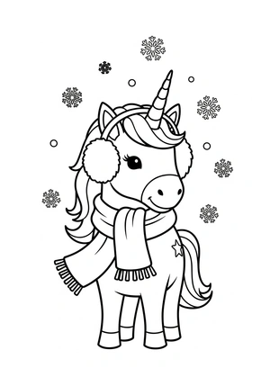 Unicorn met sneeuw en sjaal kleurplaat