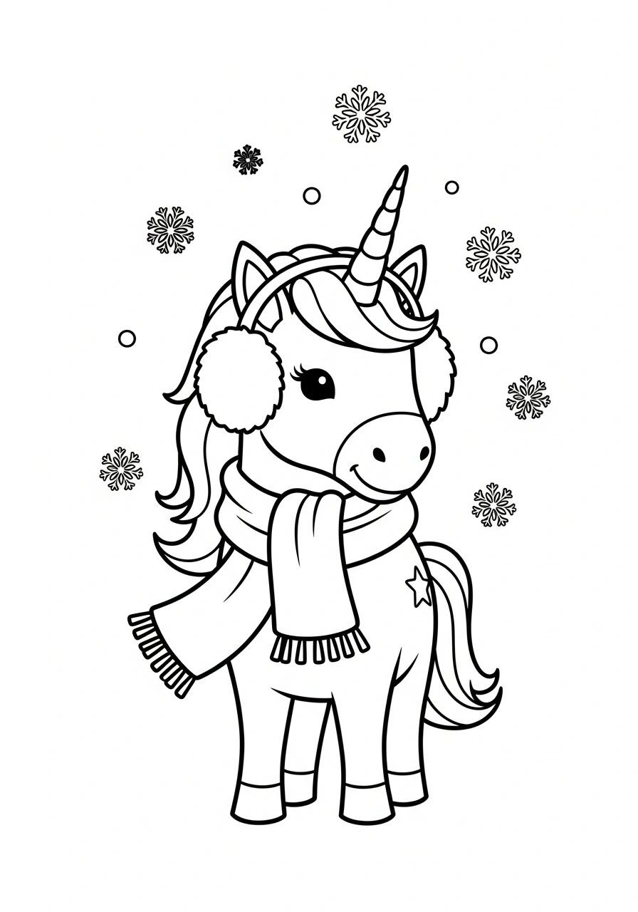 Winterse unicorn met sjaal en sneeuwvlokken om te kleuren kleurplaat