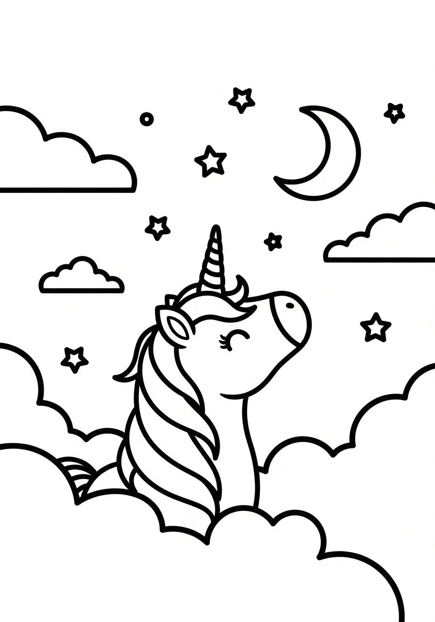 Unicorn onder een hemel met sterrenbeeld en maan om te kleuren kleurplaat