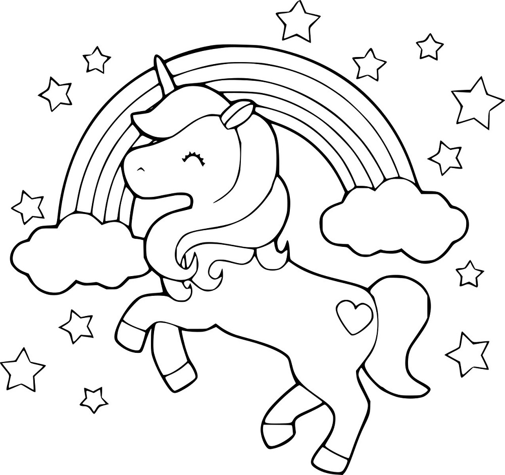 Unicorn met sterretjes en regenboog kleurplaat