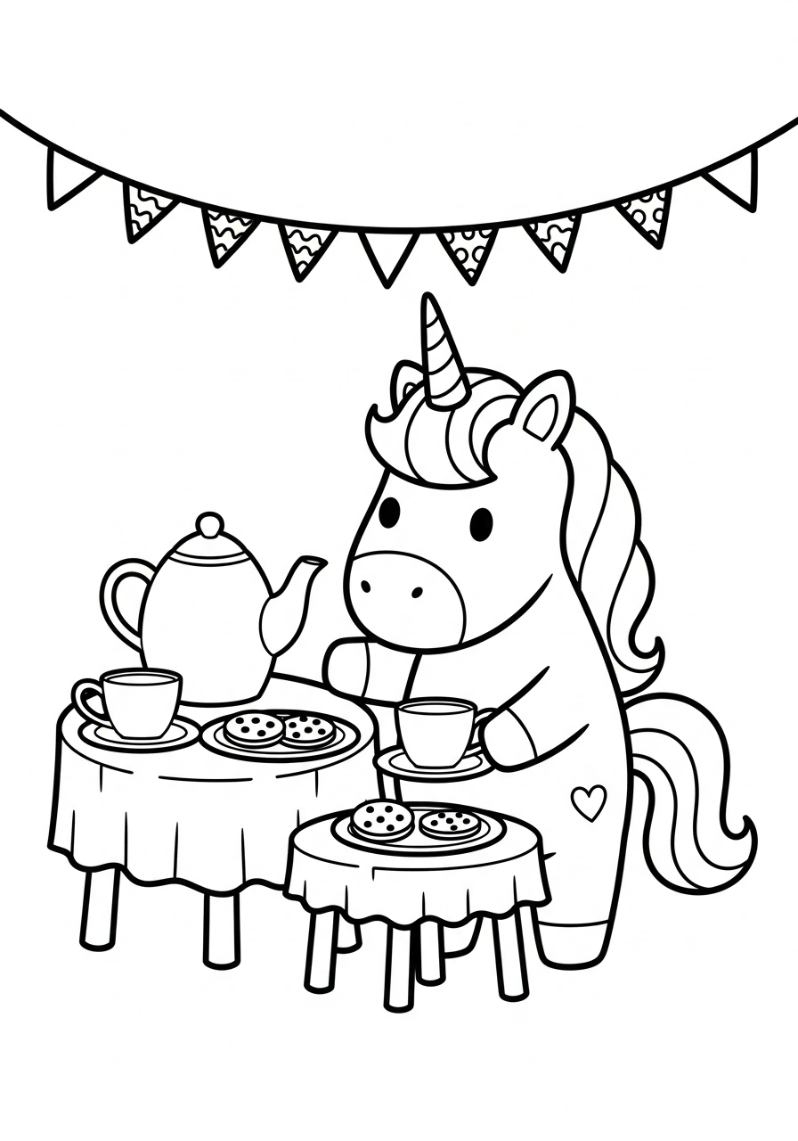 Unicorn met theepot, kopjes en koekjes om te kleuren kleurplaat