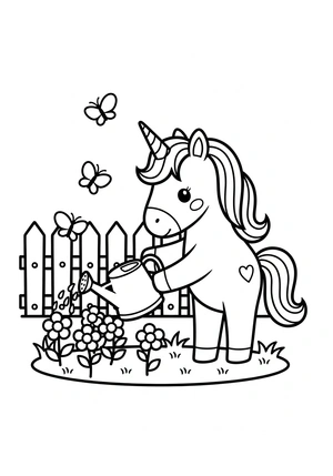 Unicorn met tuinieren en gieter kleurplaat