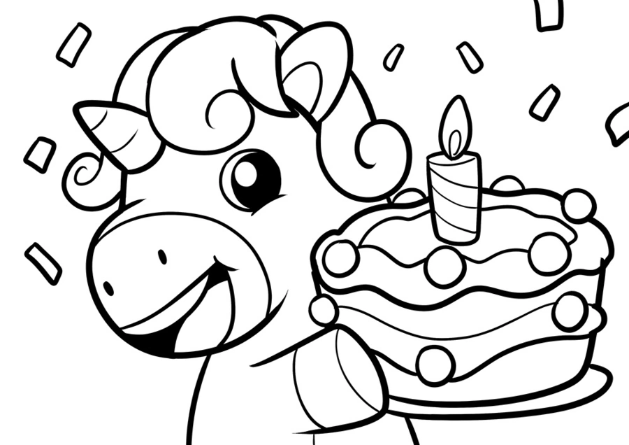 Unicorn kleurplaat van een unicorn met verjaardagstaart, kaarsje en confetti kleurplaat