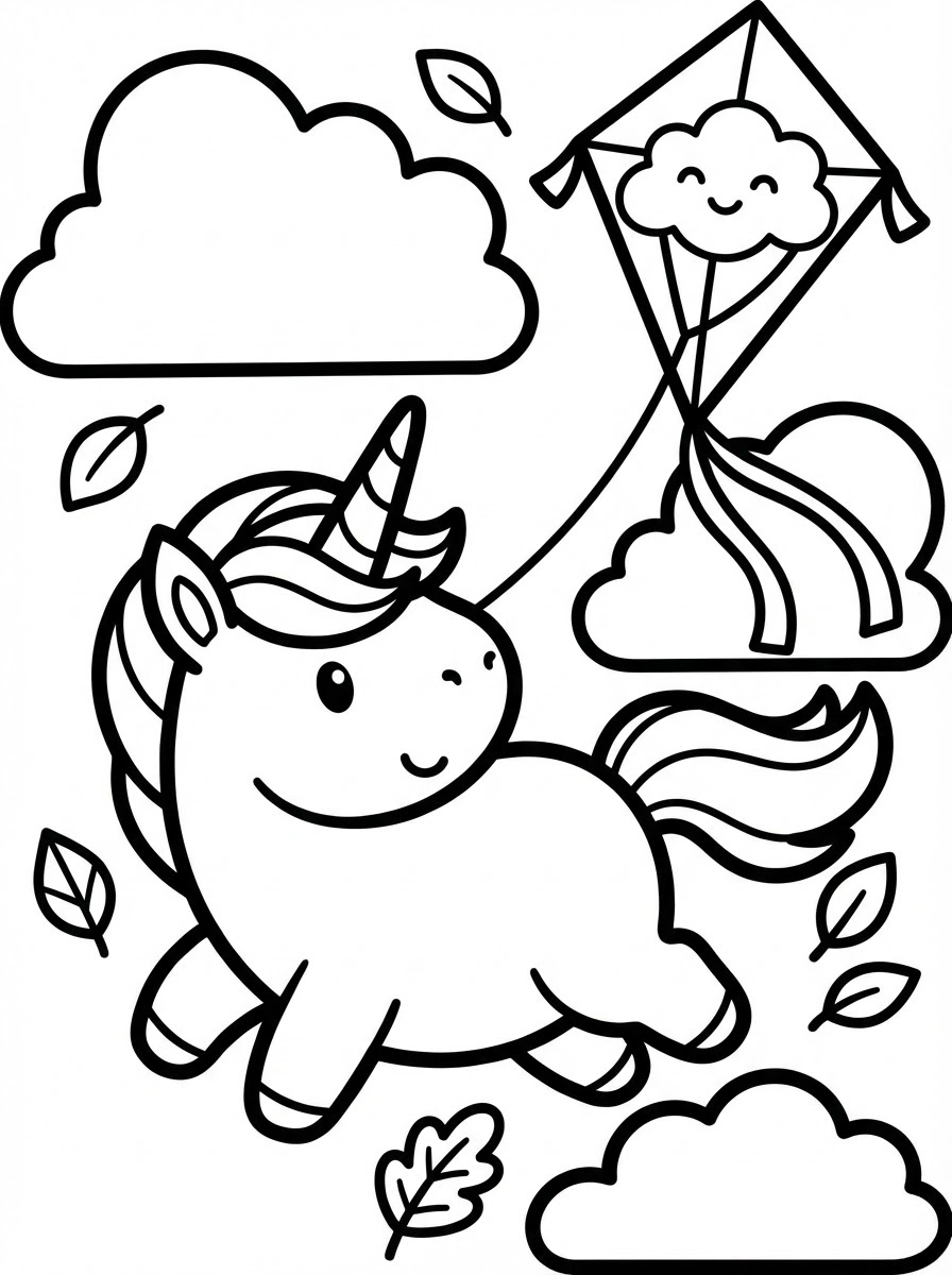 Unicorn die een vlieger oplaat met wolken om te kleuren kleurplaat