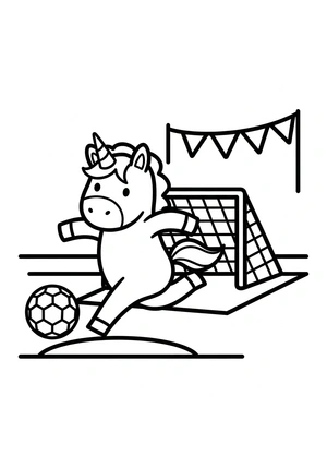 Unicorn met voetbal en doel kleurplaat