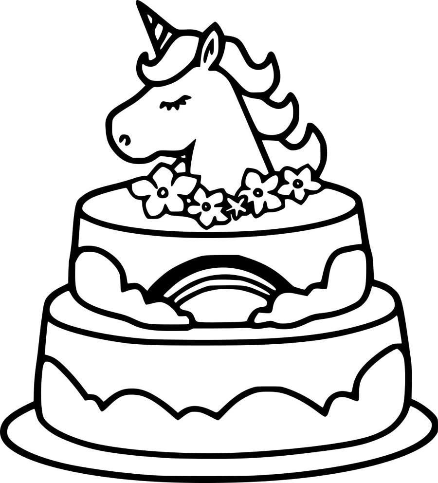 Unicorn kleurplaat van een unicorn verjaardagstaart met bloemen en regenboog