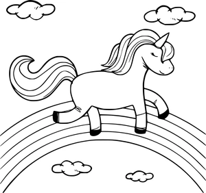Unicorn wandelt op regenboog met wolkjes kleurplaat