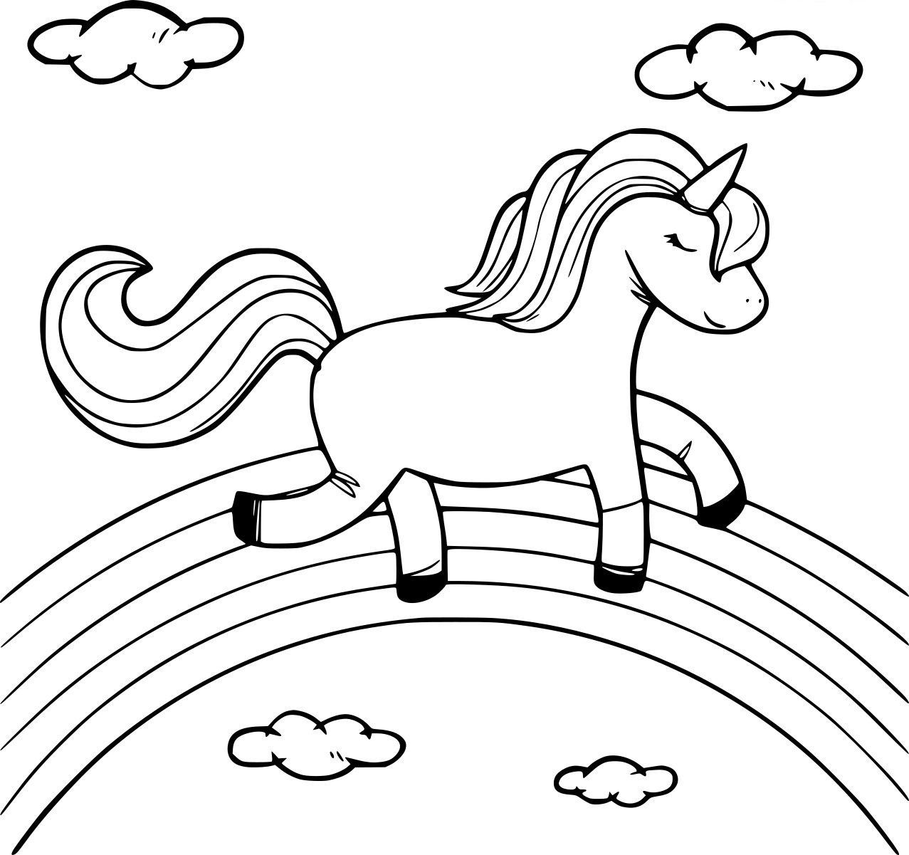 Unicorn wandelt op regenboog met wolkjes kleurplaat