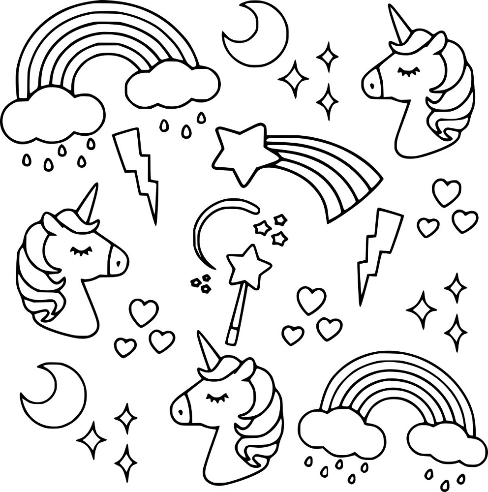 Unicorns met sterretjes en regenbogen kleurplaat