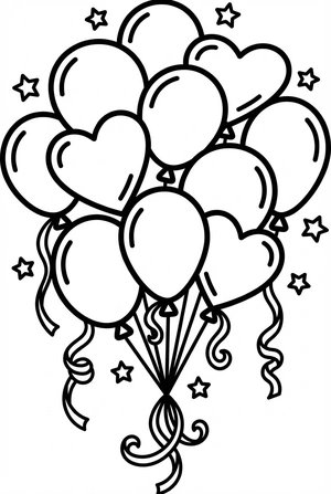 Verjaardag kleurplaat met ballonnenboeket en linten