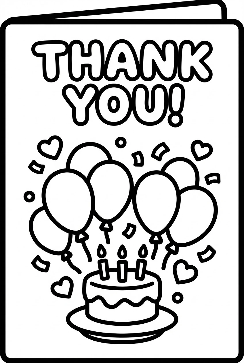 Verjaardag kleurplaat bedankkaartje met ballonnen en hartjes