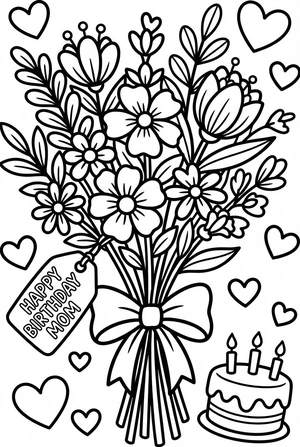 Verjaardag kleurplaat met bloemenboeket cadeau voor mama