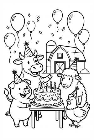 Verjaardag kleurplaat met boerderijdieren en een feesttaart
