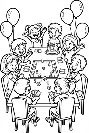 Verjaardag kleurplaat met bordspel en taart op tafel