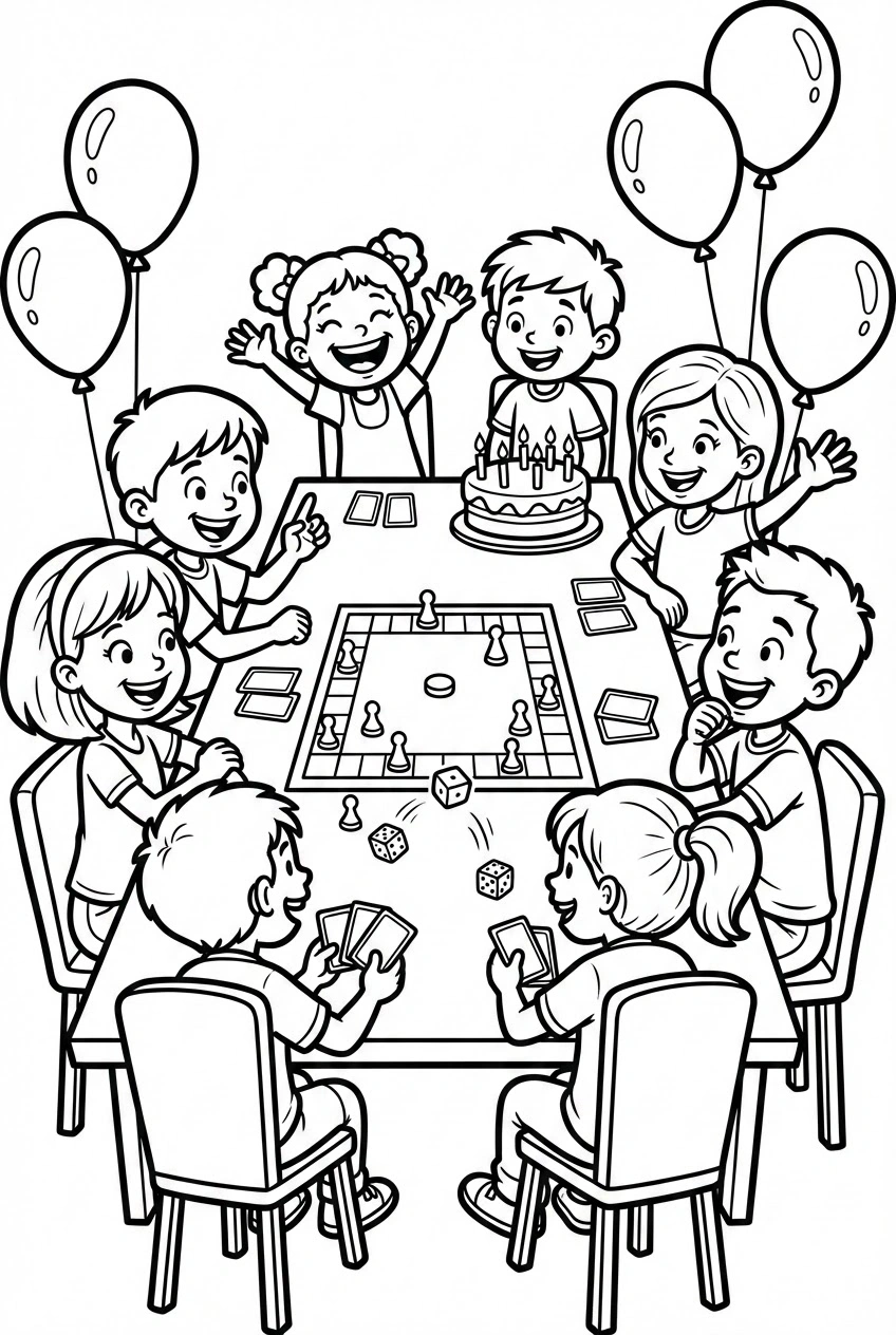 Verjaardag kleurplaat met bordspel en taart op tafel