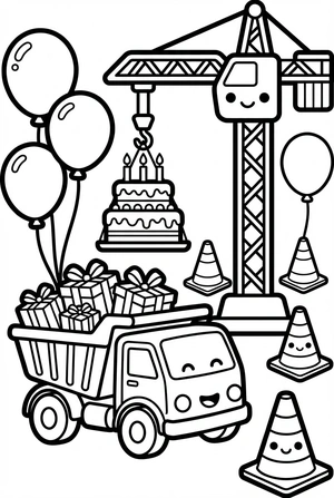 Verjaardag kleurplaat van een bouwkraan met een taart