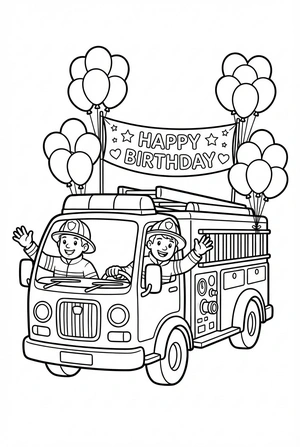 Verjaardag kleurplaat van een brandweerwagen met ballonnen