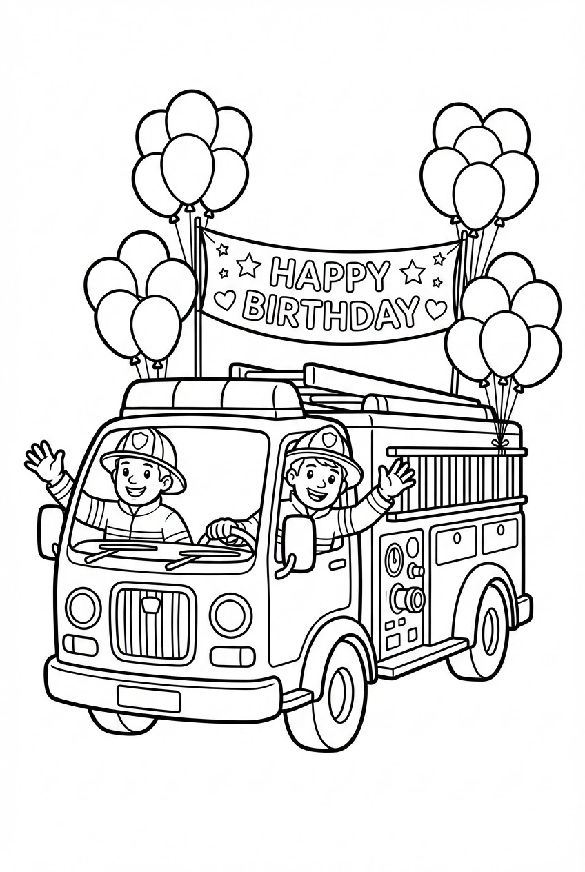 Verjaardag kleurplaat van een brandweerwagen met ballonnen