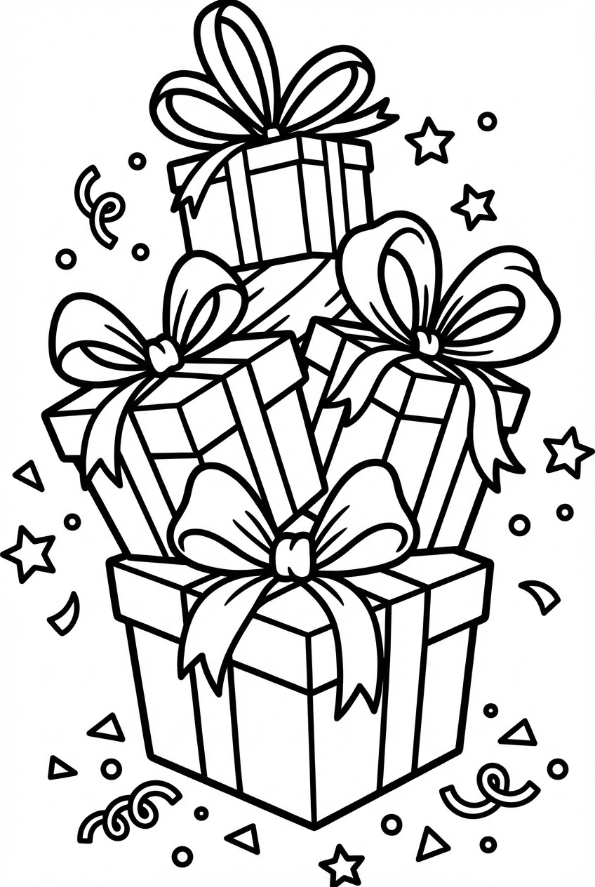 Verjaardag kleurplaat met stapel cadeautjes en strikken