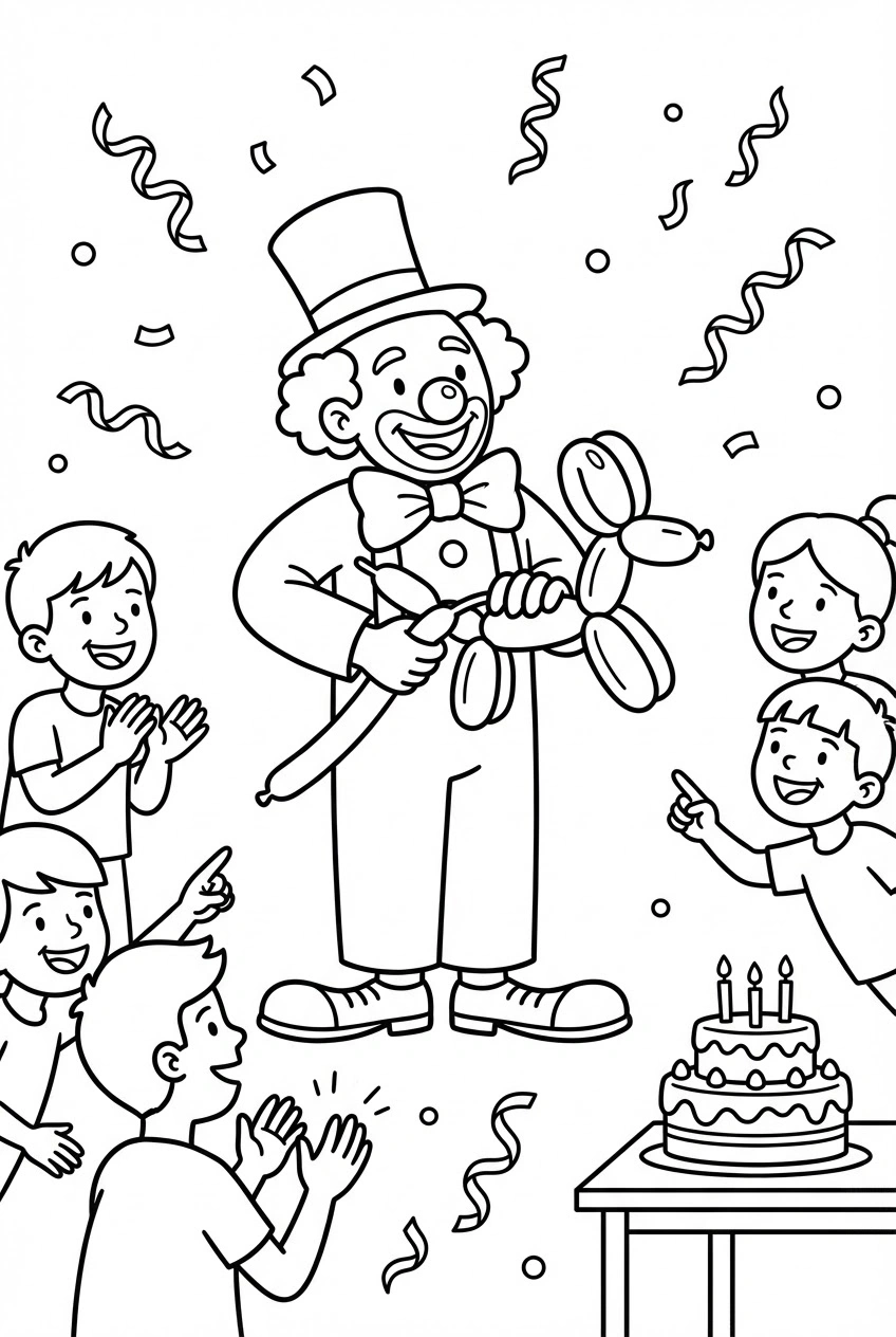 Verjaardag kleurplaat van een clown met ballondieren