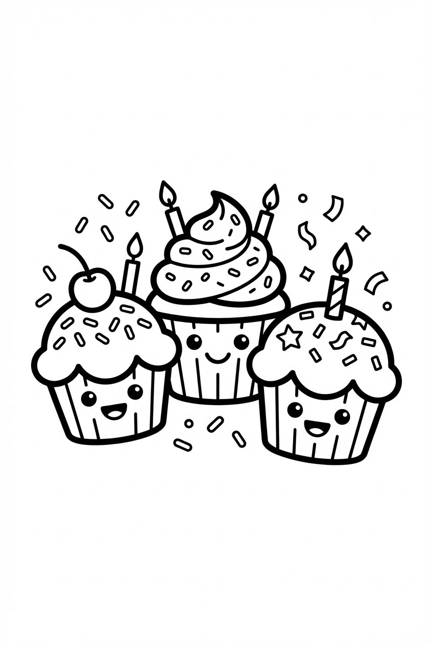 Verjaardag kleurplaat met cupcakes met vrolijke gezichtjes