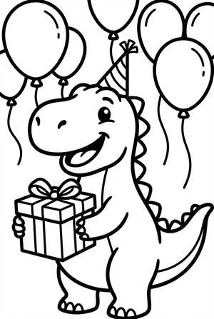 Verjaardag kleurplaat van een dinosaurus met een cadeautje