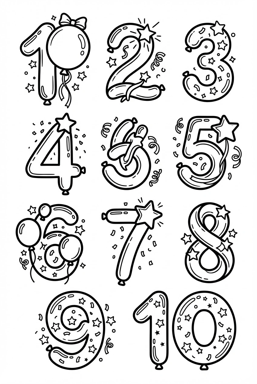 Verjaardag kleurplaat met feestelijke cijfers 1 tot 10