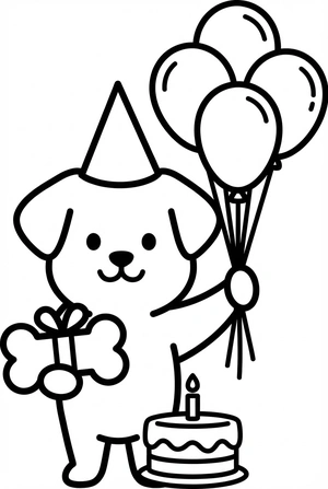 Verjaardag kleurplaat van een hond met feesthoed en cadeau