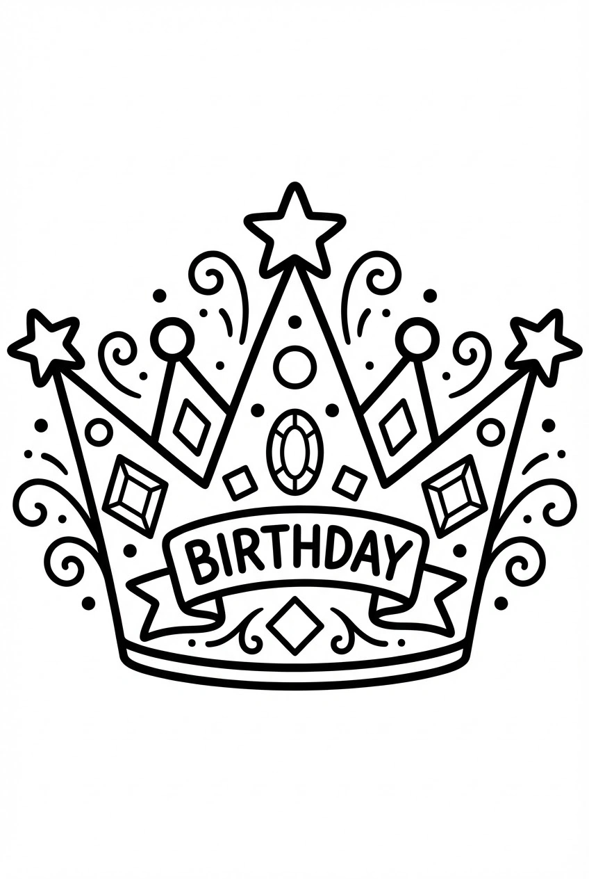 Verjaardag kleurplaat met een feestelijke kroon voor de jarige