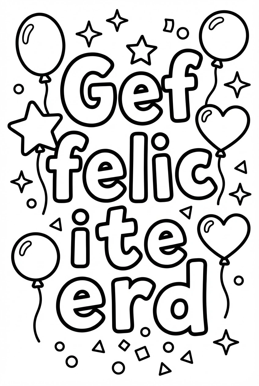 Verjaardag kleurplaat met feestelijke letters gefeliciteerd