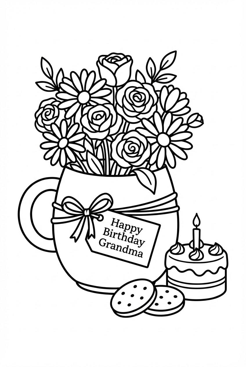 Verjaardag kleurplaat met een feestelijke mok voor oma