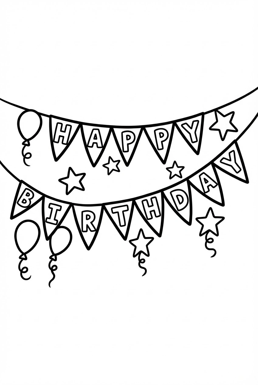 Verjaardag kleurplaat met slinger met letters en vlaggetjes