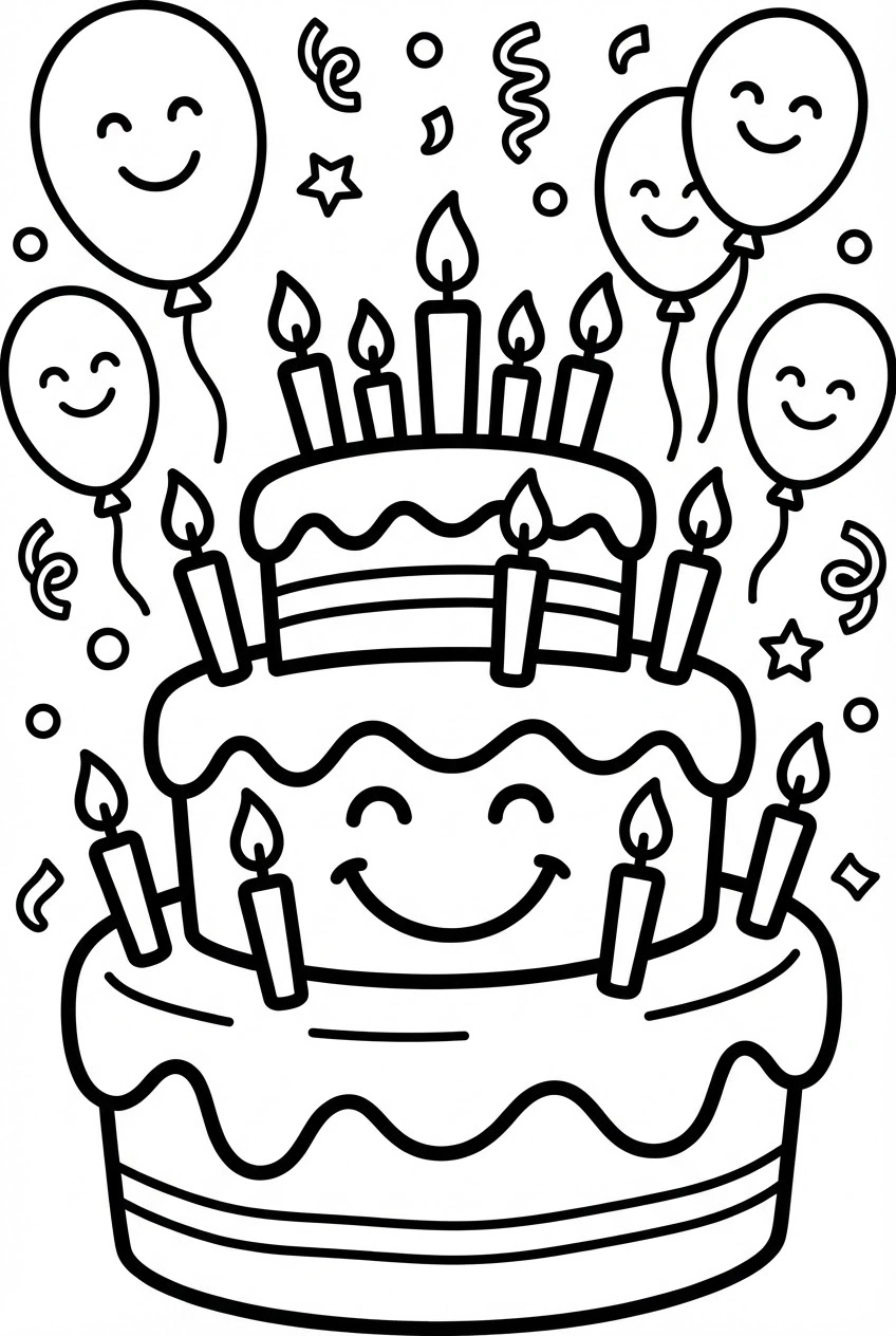 Verjaardag kleurplaat van een feesttaart met kaarsjes
