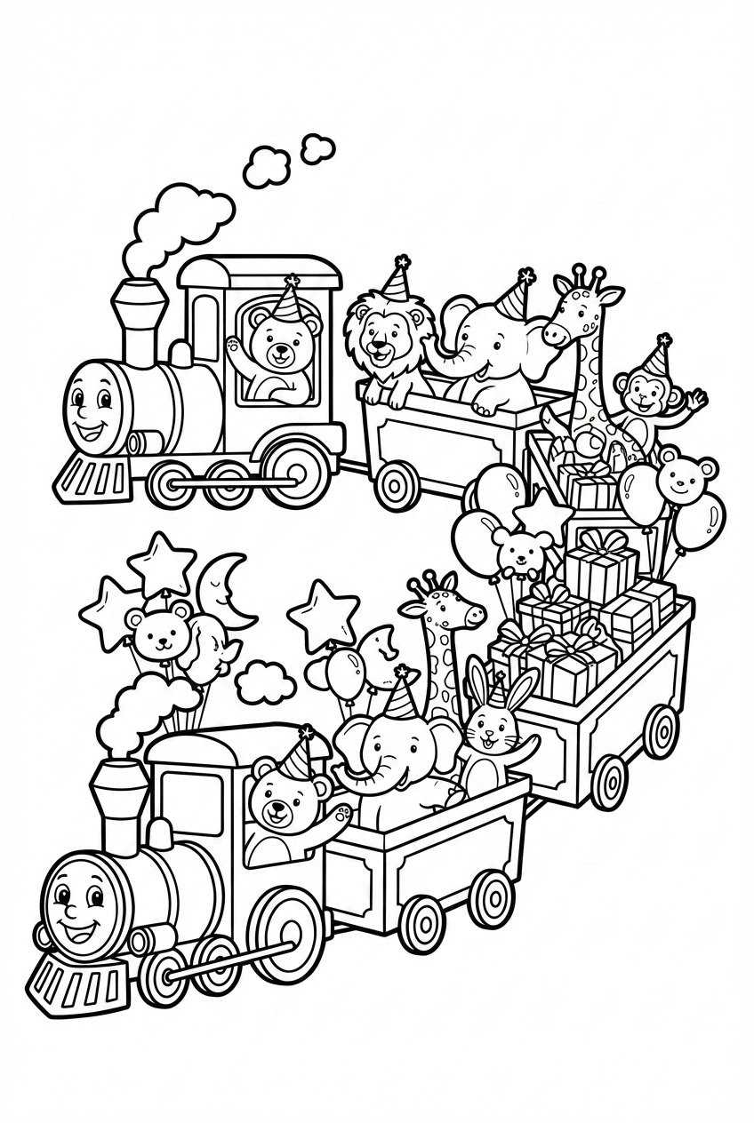 Verjaardag kleurplaat met een feesttrein vol dieren