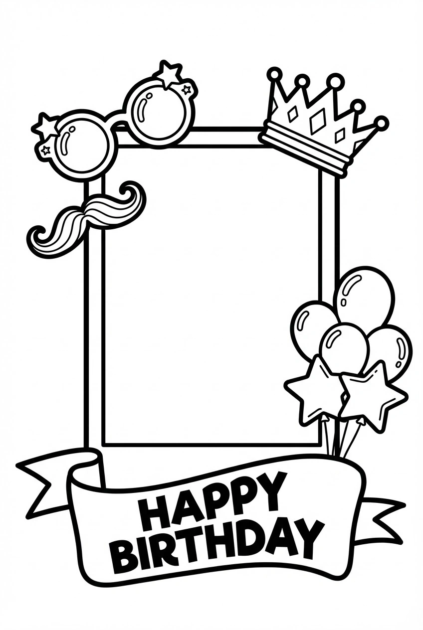 Verjaardag kleurplaat met fotolijst en feestprops
