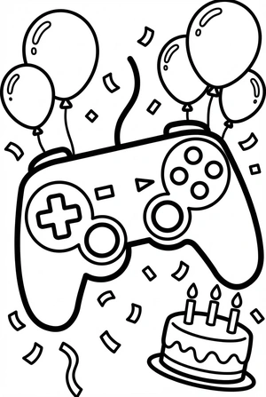 Verjaardag kleurplaat met gamecontroller en confetti