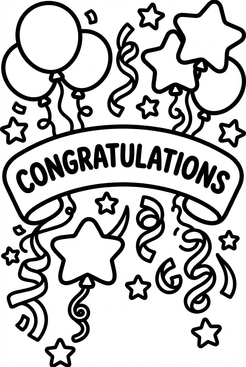 Verjaardag kleurplaat met gefeliciteerd banner en ballonnen