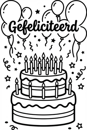 Verjaardag kleurplaat gefeliciteerd met taart en ballonnen