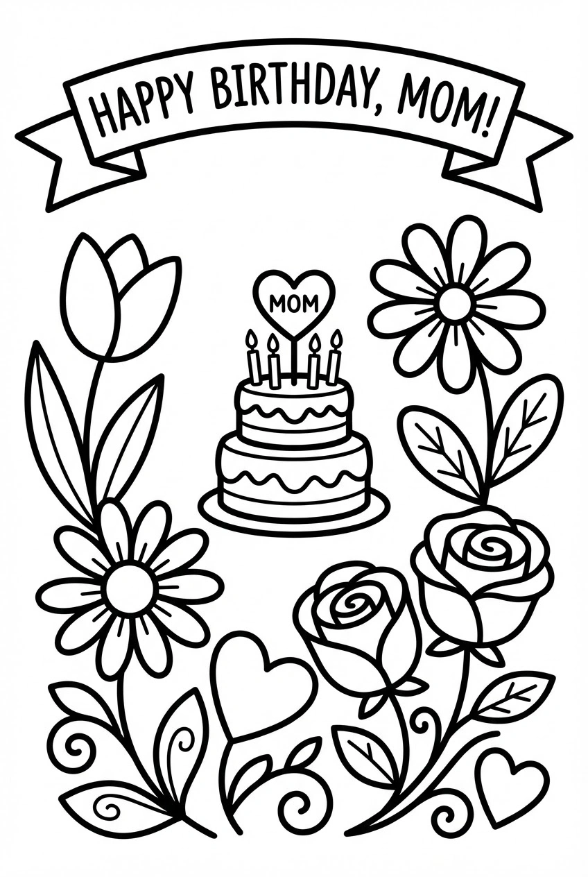 Verjaardag kleurplaat gefeliciteerd voor mama met bloemen