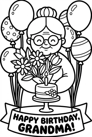 Verjaardag kleurplaat gefeliciteerd voor oma met ballonnen